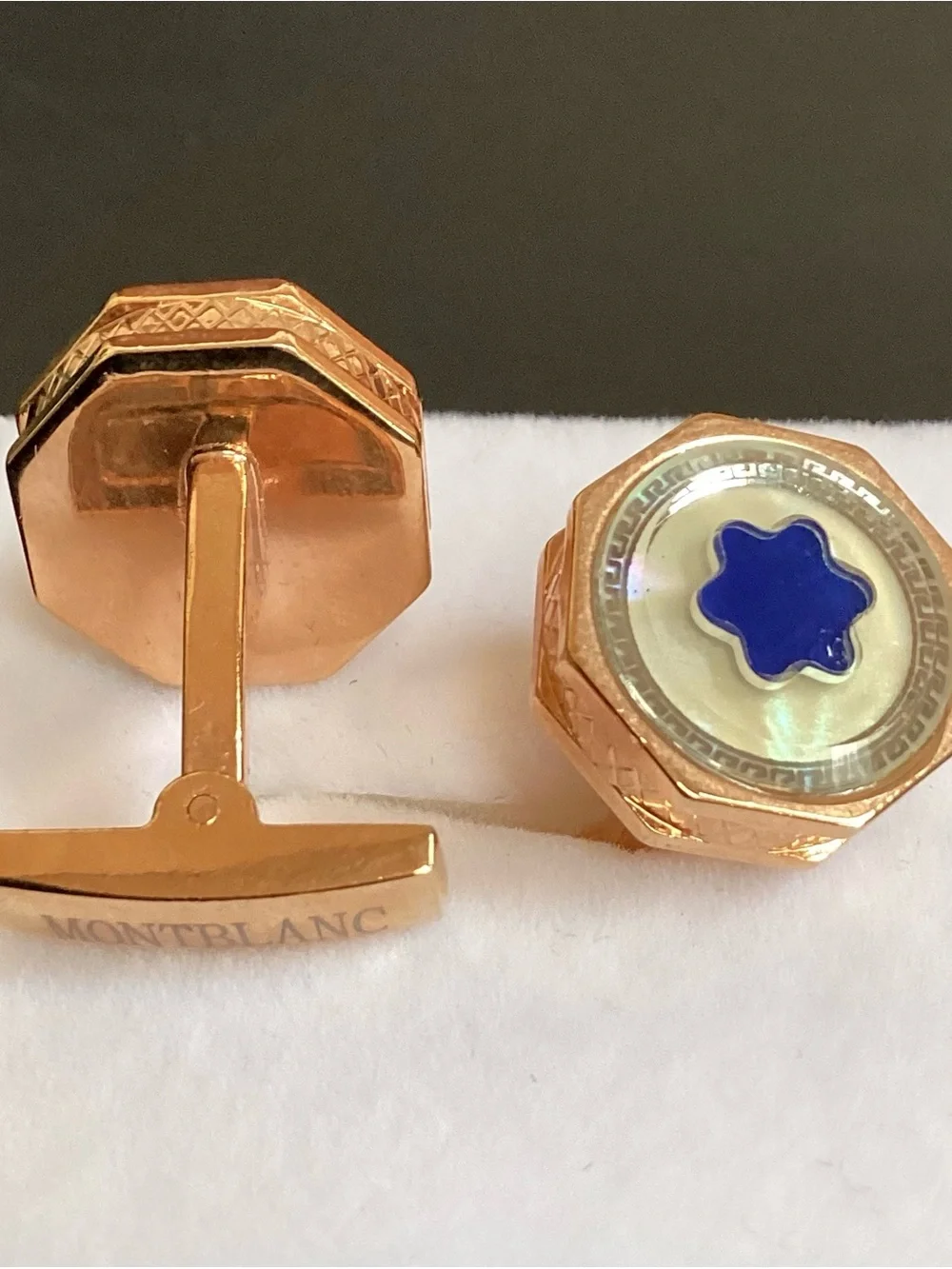 Montblanc Rose Gold-Tone Cufflinks - Blue Star Mother of Pearl Greek Key Motif